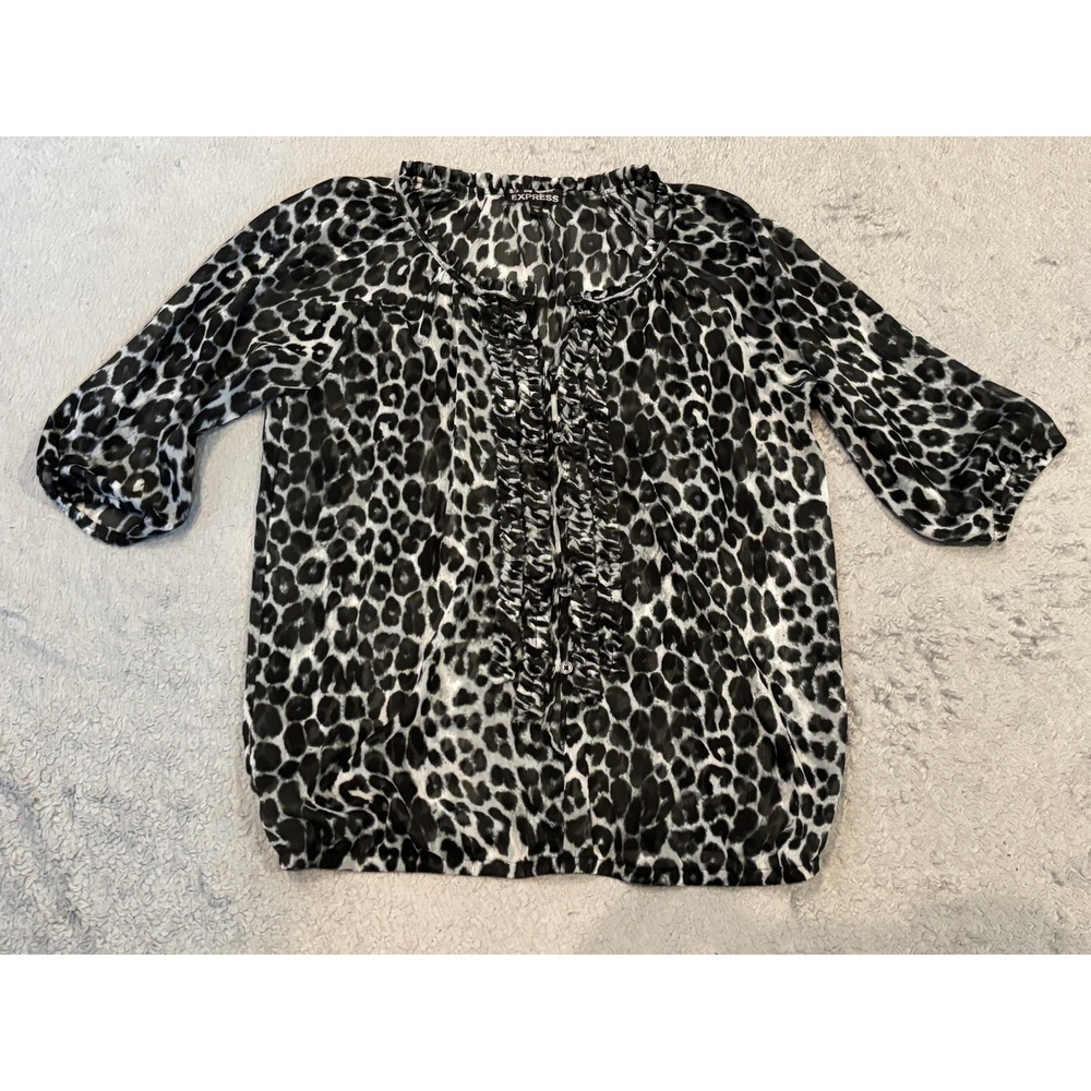 Express Leopard Print Ruffle Chiffon Blouse Grey Black 3/4 Sleeve XS Bubble Hem